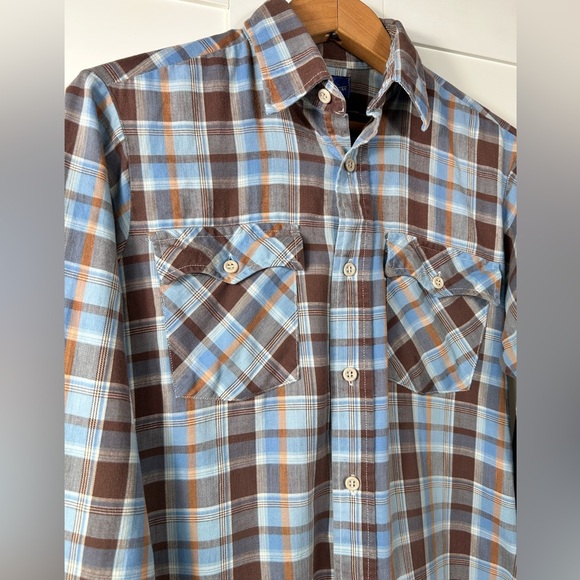 JCPenney vintage flannel plaid long sleeve shirt, Med, cotton blue brown Western - Picture 4 of 6
